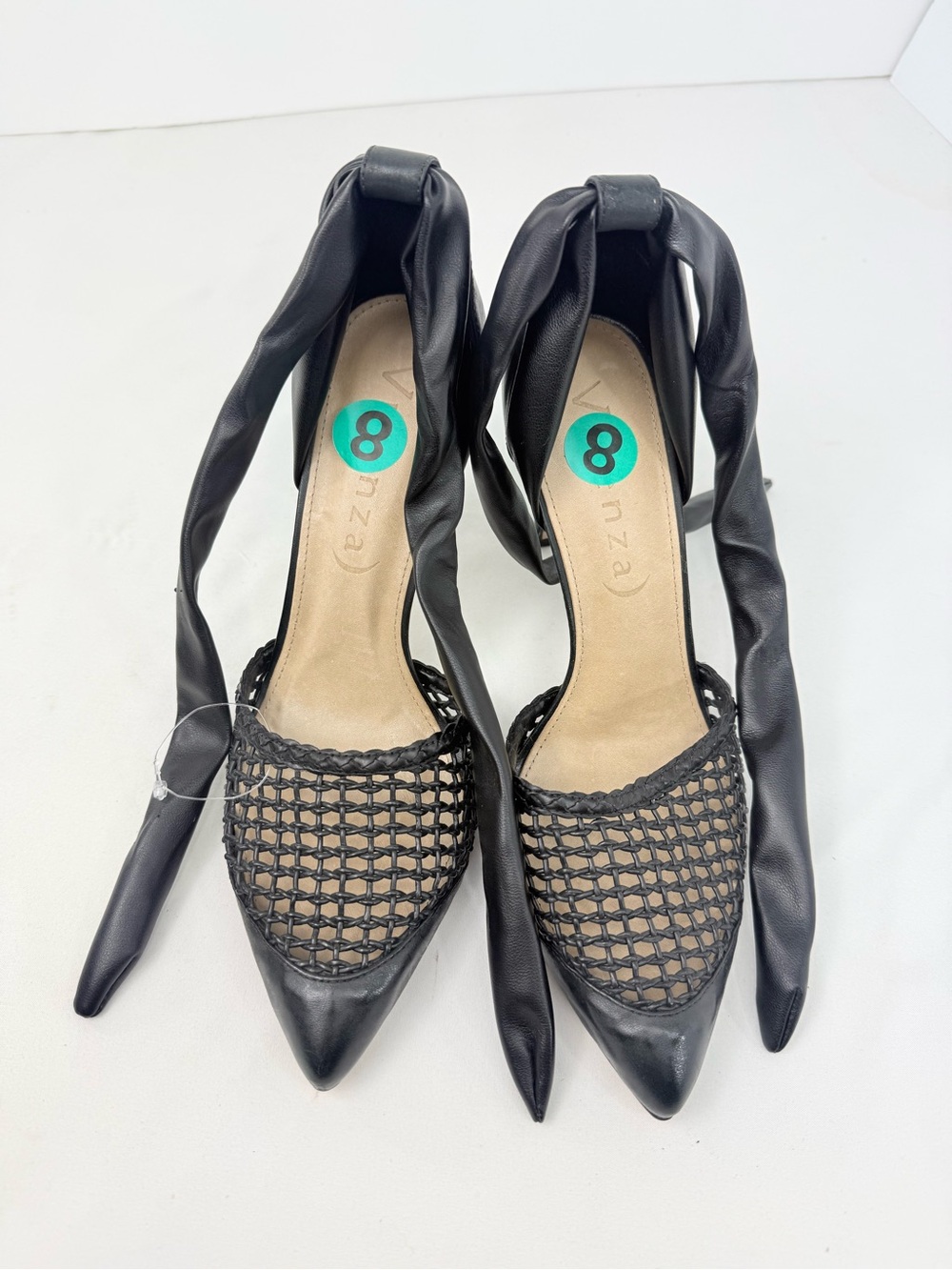 Vicenza Anthropologie Black Leather Woven Pointed Toe Wrap Ankle Strap Pump Heel